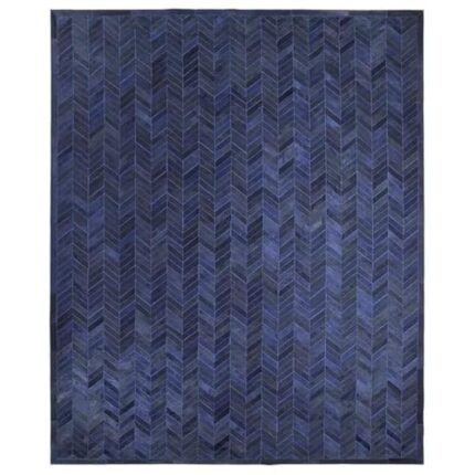 ELYSSIA DECOR HOME Genuine Leather Cowhide Rug, 9.9x14 ft Blue Chevron Pattern, Modern Area Rug for Living Room, Luxury Vintage Rugs for Bedroom, Dining Room, Hallway and Entryway Leather Carpet